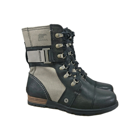 Sorel Major Carly Womens Black Leather Canvas Lace Up Side Zip Boots Size 6.5 - Picture 1 of 9